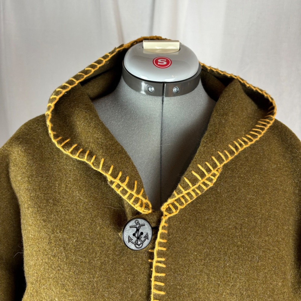 Handcrafted Olive Green Wool Hooded Cropped Bog Jacket with Yellow Stitching | L - Picture 8 of 16